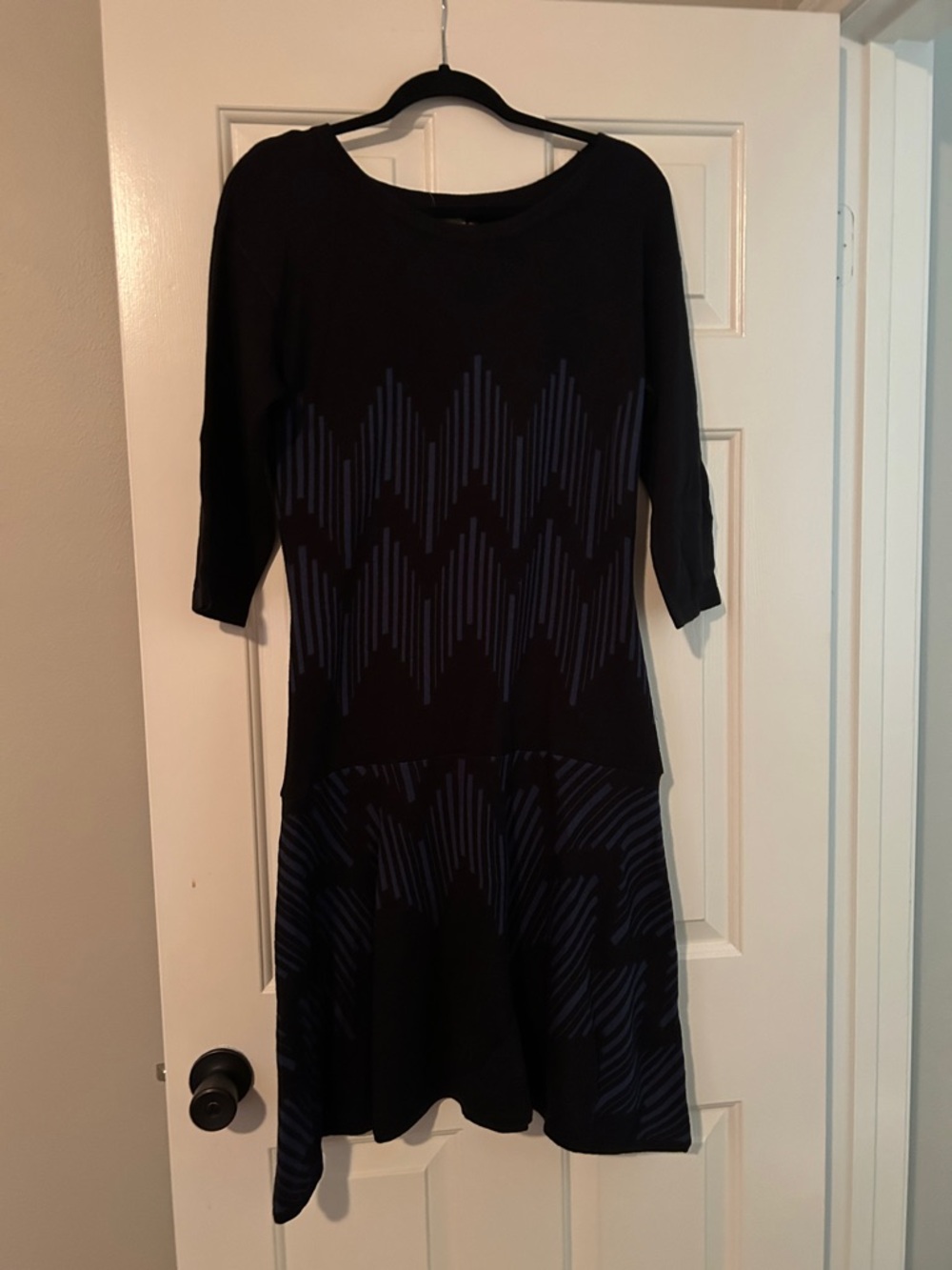 Taylor Black & Navy Zigzag Drop-Waist Sweater Dress